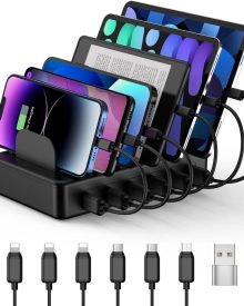 CREATIVE DESIGN 50W 6 Ports Multi Charger Station with 6 Charging Cables, USB Charging Dock for Multiple Devices, Compatible with Cellphone iPad Kindle Tablet and Other Electronic Devices