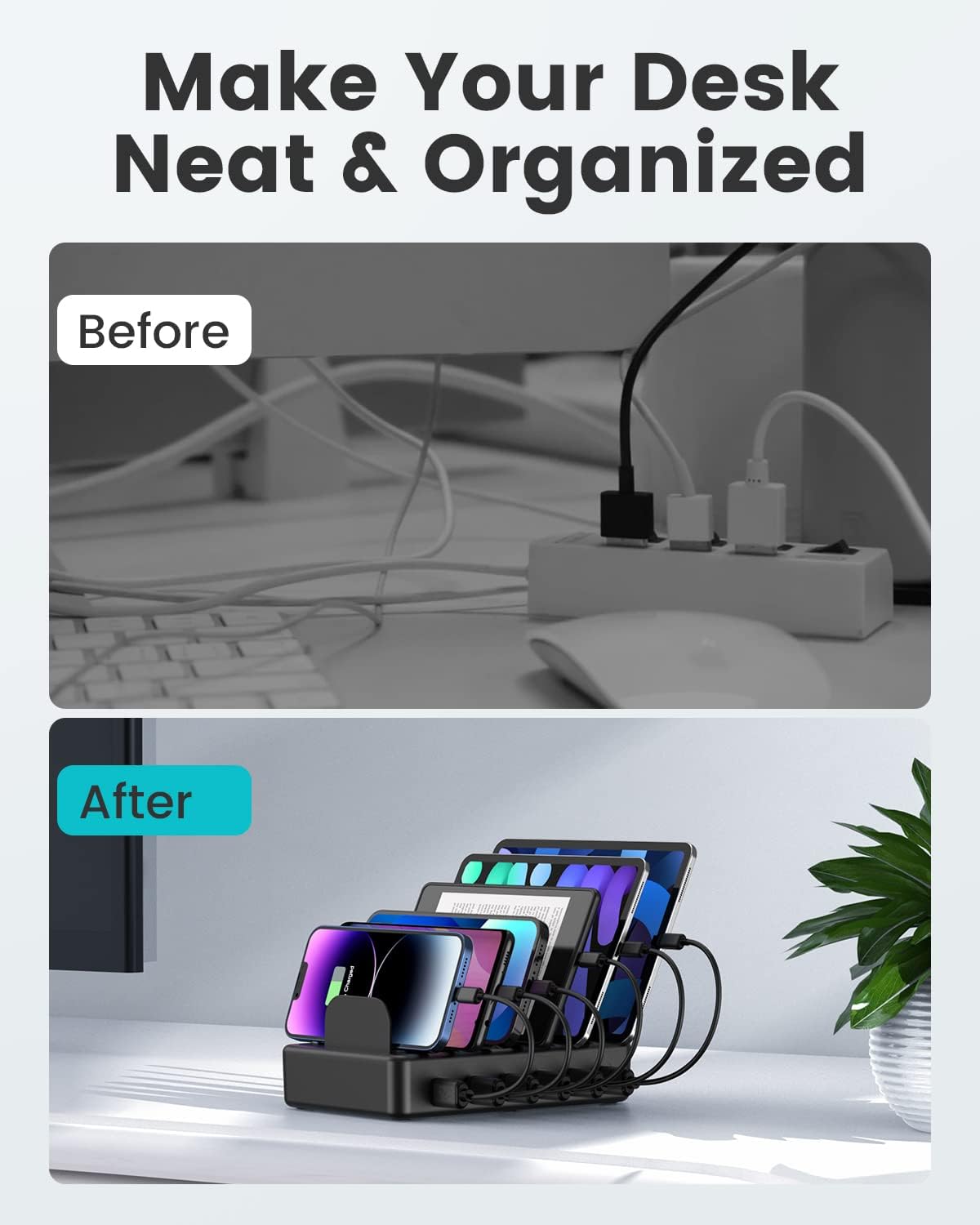 CREATIVE DESIGN 50W 6 Ports Multi Charger Station with 6 Charging Cables, USB Charging Dock for Multiple Devices, Compatible with Cellphone iPad Kindle Tablet and Other Electronic Devices - Image 2