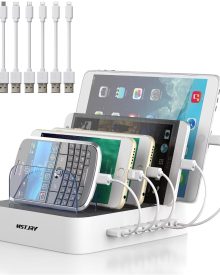 MSTJRY Charging Station for Multiple Devices : 5 Port Multi USB-A Charger Stations Multi-Device Organizer Charging Dock Designed for iPhone iPad Cell Phone Tablets (7 Short Cables Included)