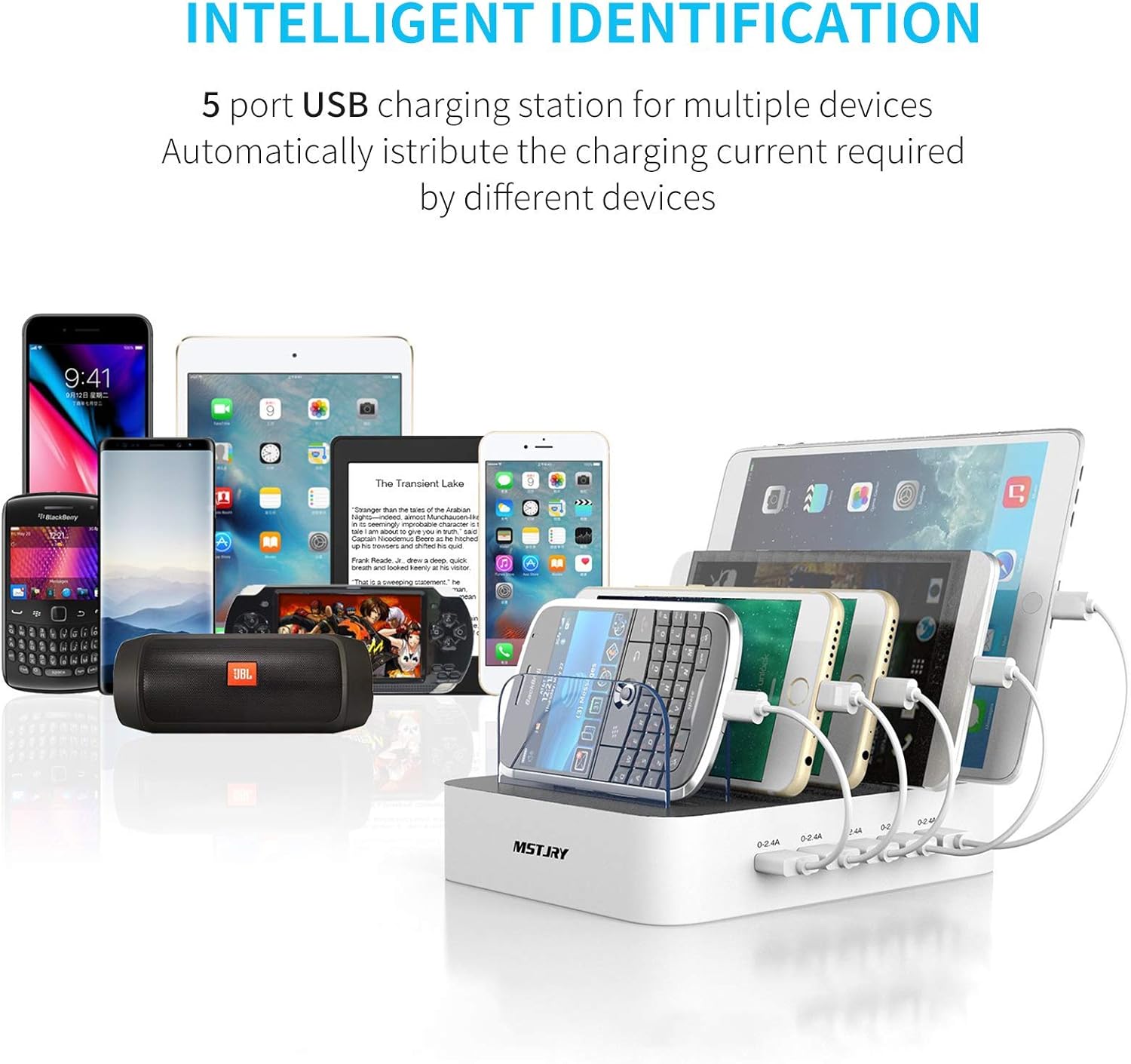 MSTJRY Charging Station for Multiple Devices : 5 Port Multi USB-A Charger Stations Multi-Device Organizer Charging Dock Designed for iPhone iPad Cell Phone Tablets (7 Short Cables Included) - Image 4